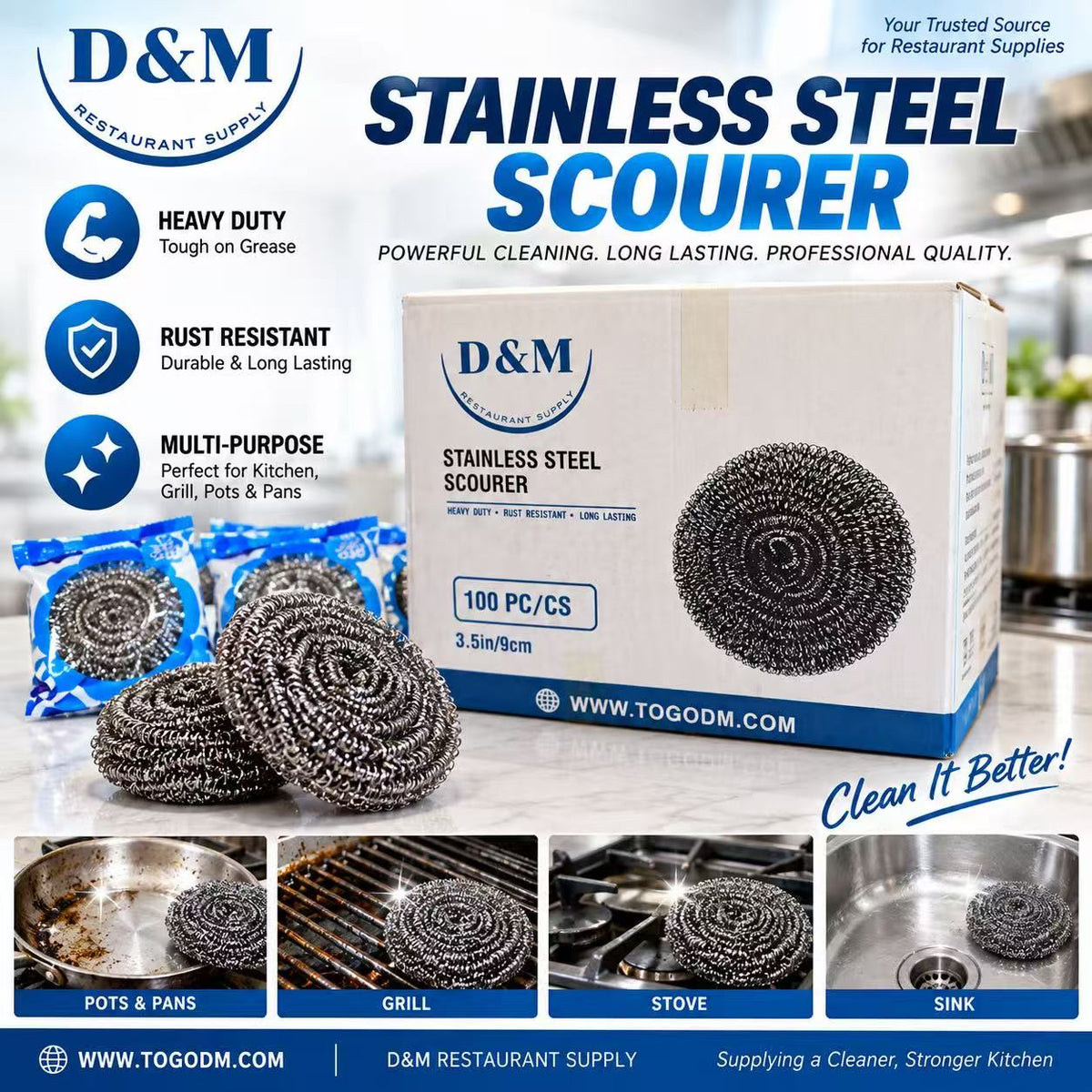 D&M Stainless Steel Scourer 100 pieces, heavy-duty rust-resistant cleaning pads