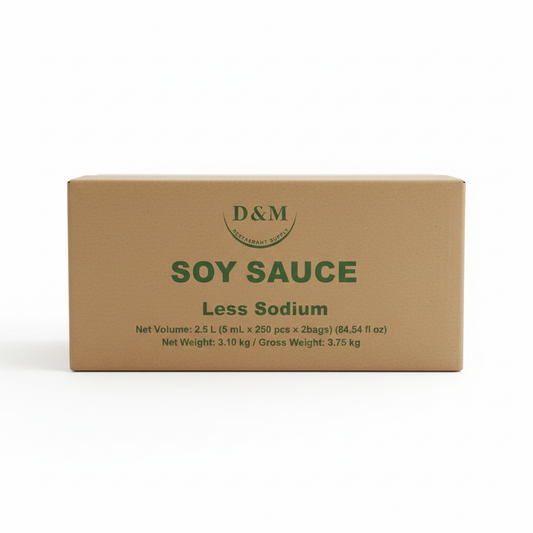 D&M Less Sodium Soy Sauce shipping box, front label facing forward on white background