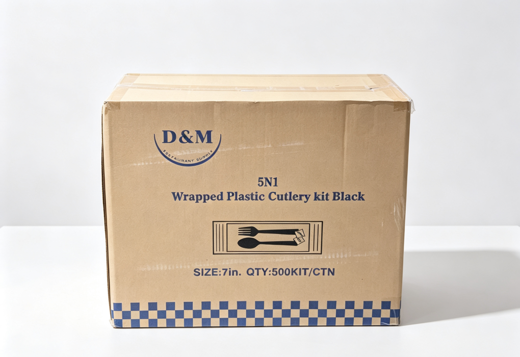 5N1-4.5g Fork and spoon with Napkin Black Heavy Weight Wrapped PP Plastic