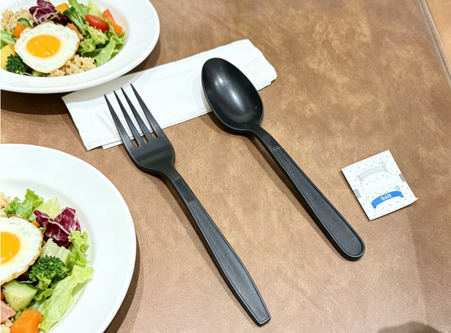 5N1-4.5g Fork and spoon with Napkin Black Heavy Weight Wrapped PP Plastic