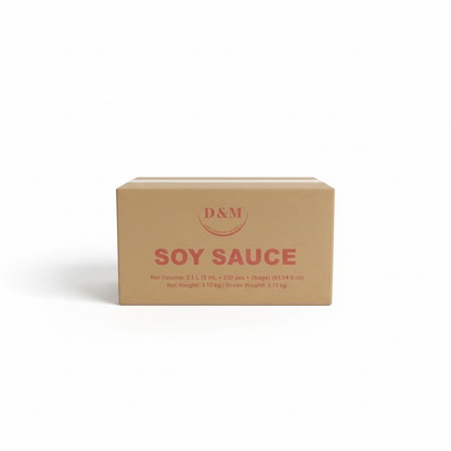 D&M Soy Sauce shipping box with red print, front label facing forward on white background