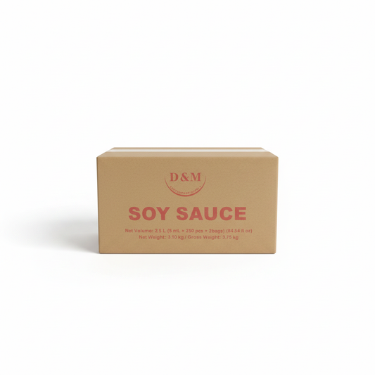 D&M Soy Sauce shipping box with red print, front label facing forward on white background