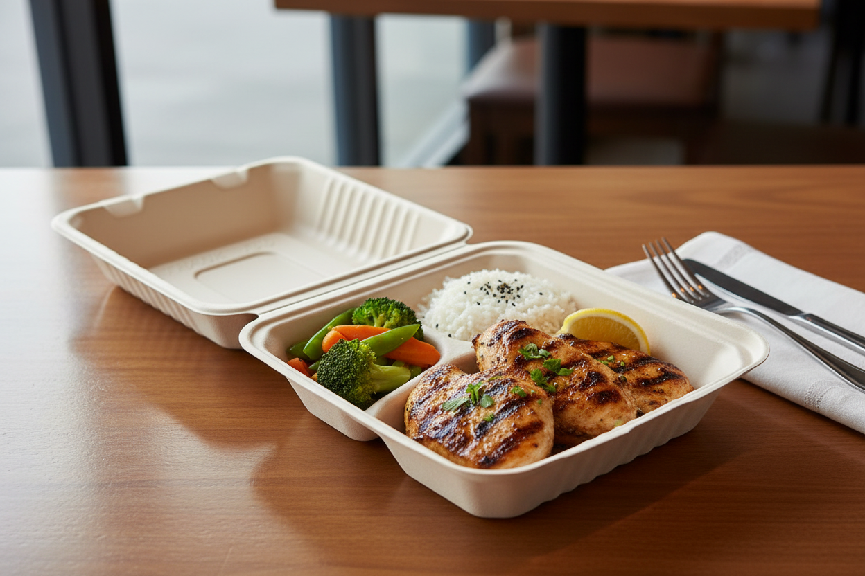 Bagasse clamshell 3-compartment container with food