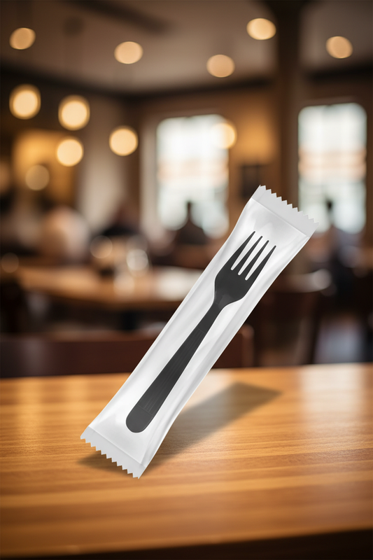Individually wrapped black plastic fork on wooden restaurant table