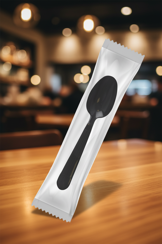 Individually wrapped black plastic spoon on wooden restaurant table