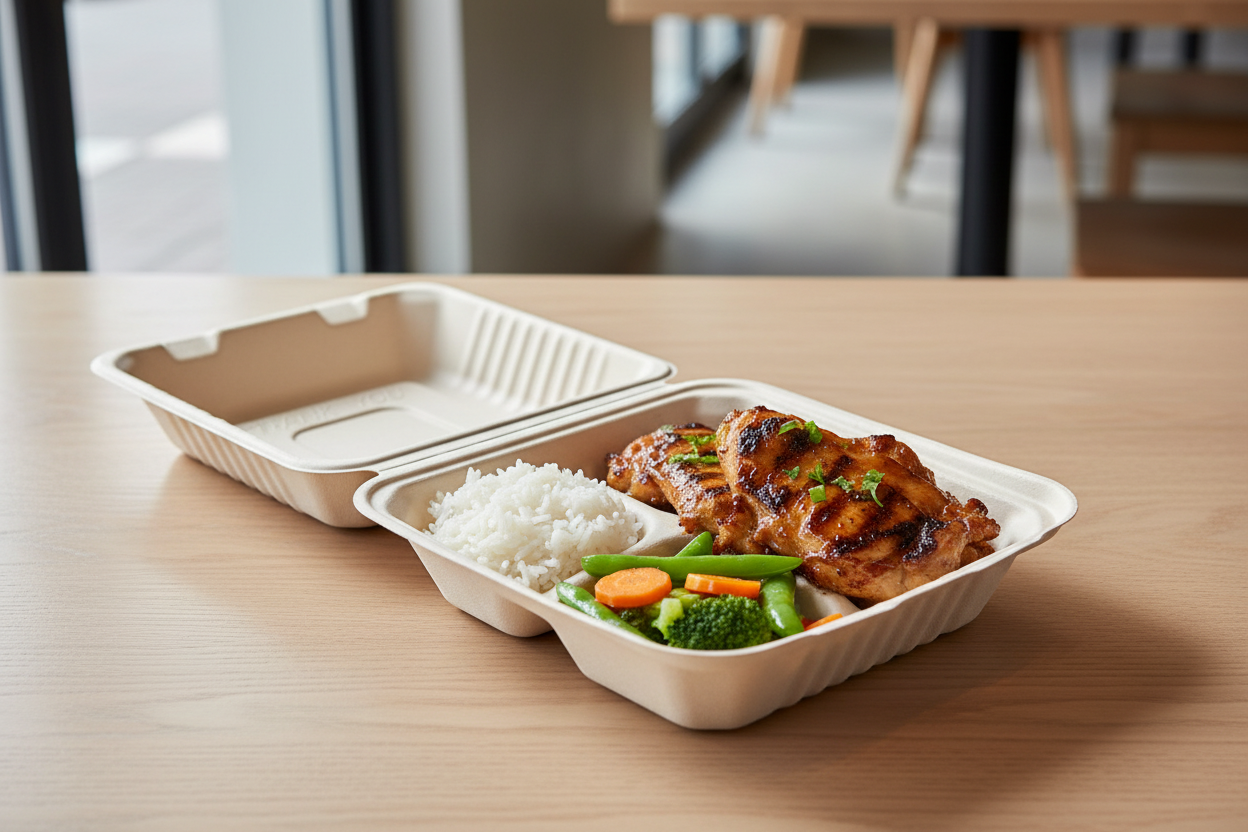 Bagasse 3-compartment container with food