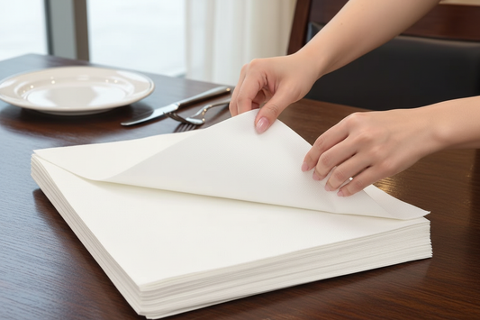 White dinner napkins stack on an elegant dining table, hands folding one napkin